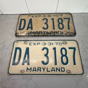Vintage 1970 Pair Maryland License Plates - Cream and Blue